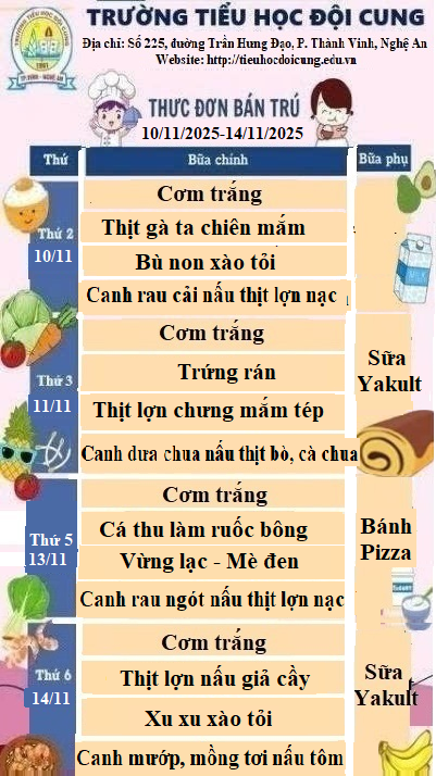 THỰC ĐƠN TUẦN 10 THỰC HIỆN TỪ NGÀY 10/11/2025-14/11/2025