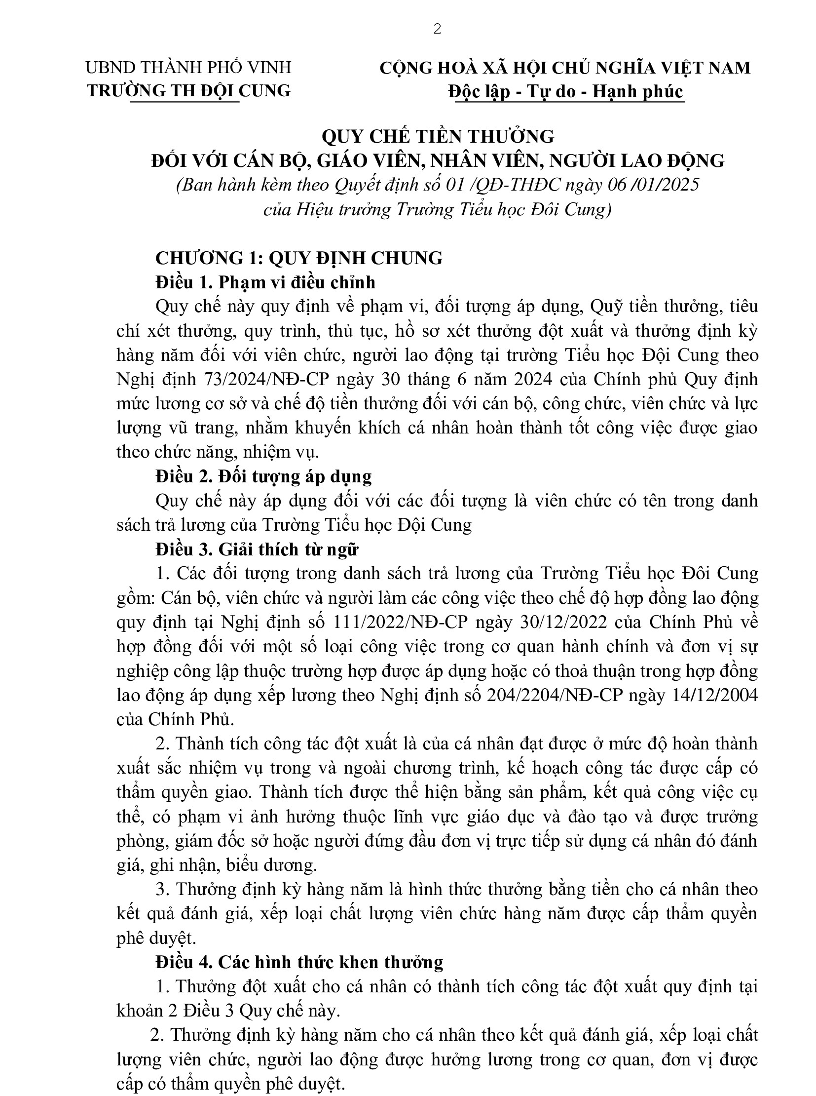 QUY CHẾ TIỀN THƯỞNG ĐỐI VỚI CÁN BỘ, GIÁO VIÊN, NHÂN VIÊN CỦA TRƯỜNG TIỂU HỌC ĐỘI CUNG