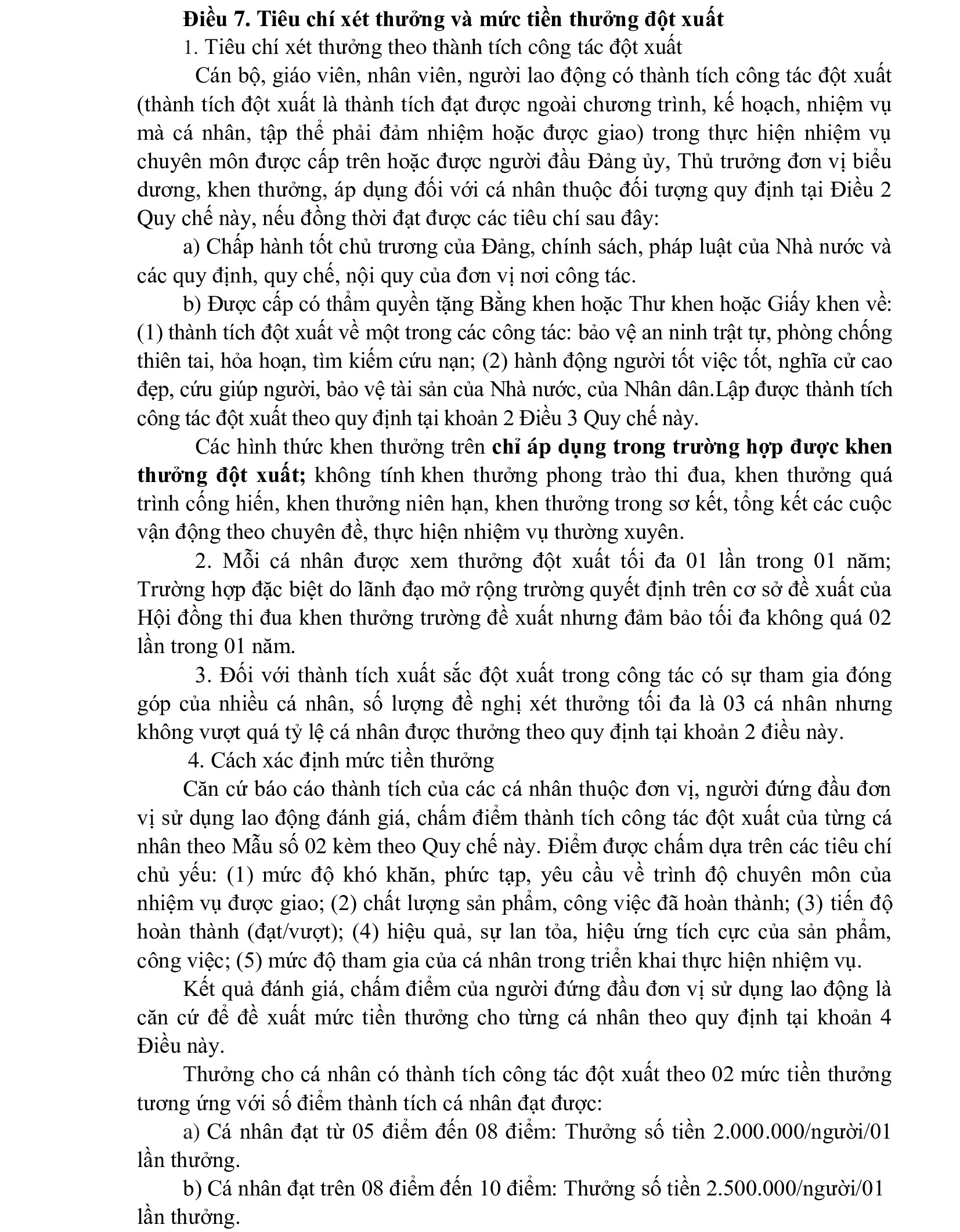 QUY CHẾ TIỀN THƯỞNG ĐỐI VỚI CÁN BỘ, GIÁO VIÊN, NHÂN VIÊN CỦA TRƯỜNG TIỂU HỌC ĐỘI CUNG