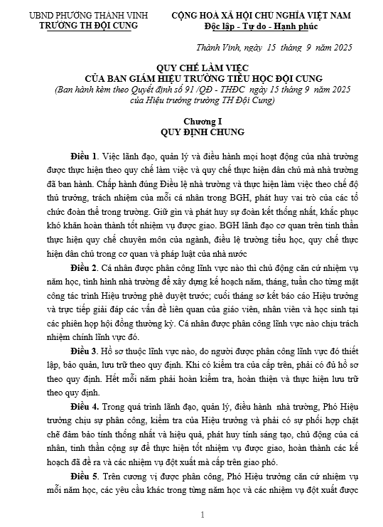 QUY CHẾ LÀM VIỆC  CỦA BAN GIÁM HIỆU TRƯỜNG TIỂU HỌC ĐỘI CUNG