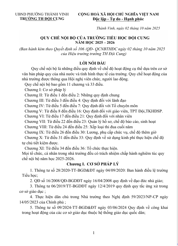 QUY CHẾ NỘI BỘ CỦA TRƯỜNG TIỂU HỌC ĐỘI CUNG  NĂM HỌC 2025 – 2026