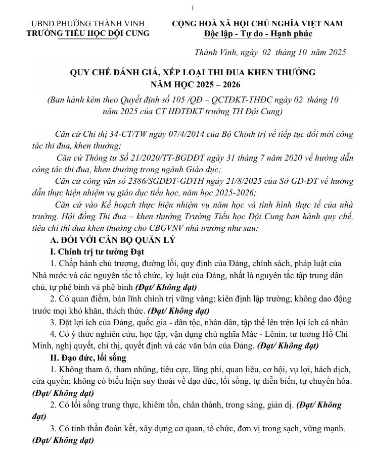QUY CHẾ ĐÁNH GIÁ, XẾP LOẠI THI ĐUA KHEN THƯỞNG  NĂM HỌC 2025 – 2026