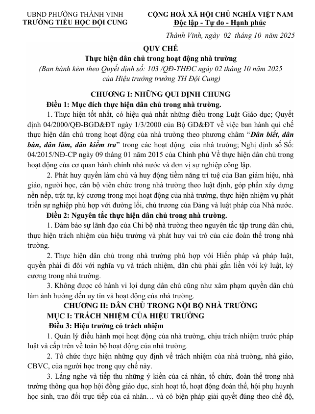 QUY CHẾ THỰC HIỆN DÂN CHỦ TRONG HOẠT ĐỘNG NHÀ TRƯỜNG