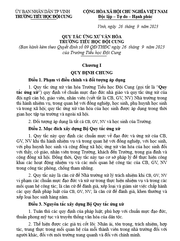 QUY TẮC ỨNG XỬ VĂN HÓA TRƯỜNG TIỂU HỌC ĐỘI CUNG