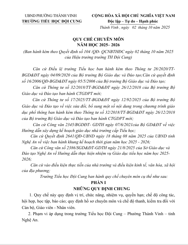 QUY CHẾ CHUYÊN MÔN  NĂM HỌC 2025– 2026