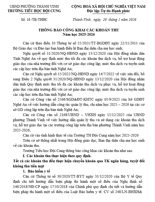THÔNG BÁO CÔNG KHAI CÁC KHOẢN THU NĂM HỌC 2025 - 2026