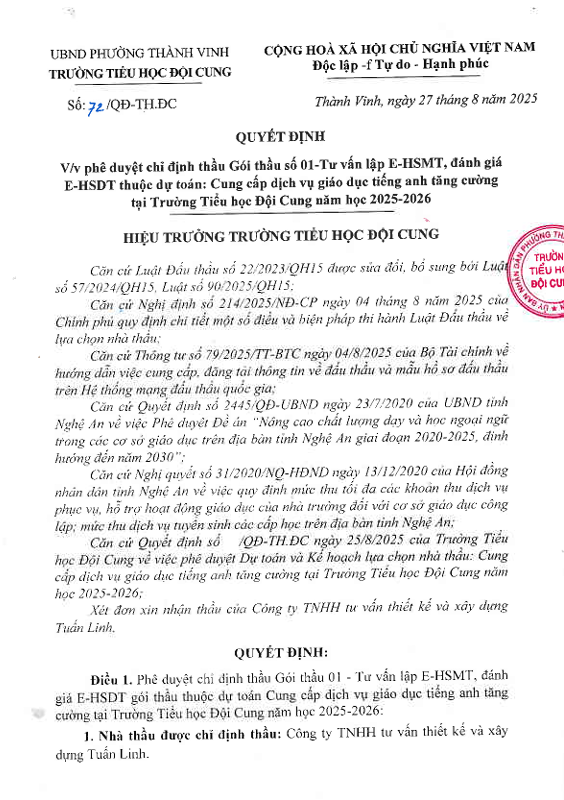 QUYẾT ĐỊNH VỀ VIỆC PHÊ DUYỆT GÓI THẦU SỐ 01-TƯ VẤN LẬP E-HSMT, ĐÁNH GIÁ E-HSDT THUỘC DỰ TOÁN: CUNG CẤP DỊCH VỤ GIÁO DỤC TIẾNG ANH TĂNG CƯỜNG TẠI TRƯỜNG TIỂU HỌC ĐỘI CUNG NĂM HỌC: 2025-2026
