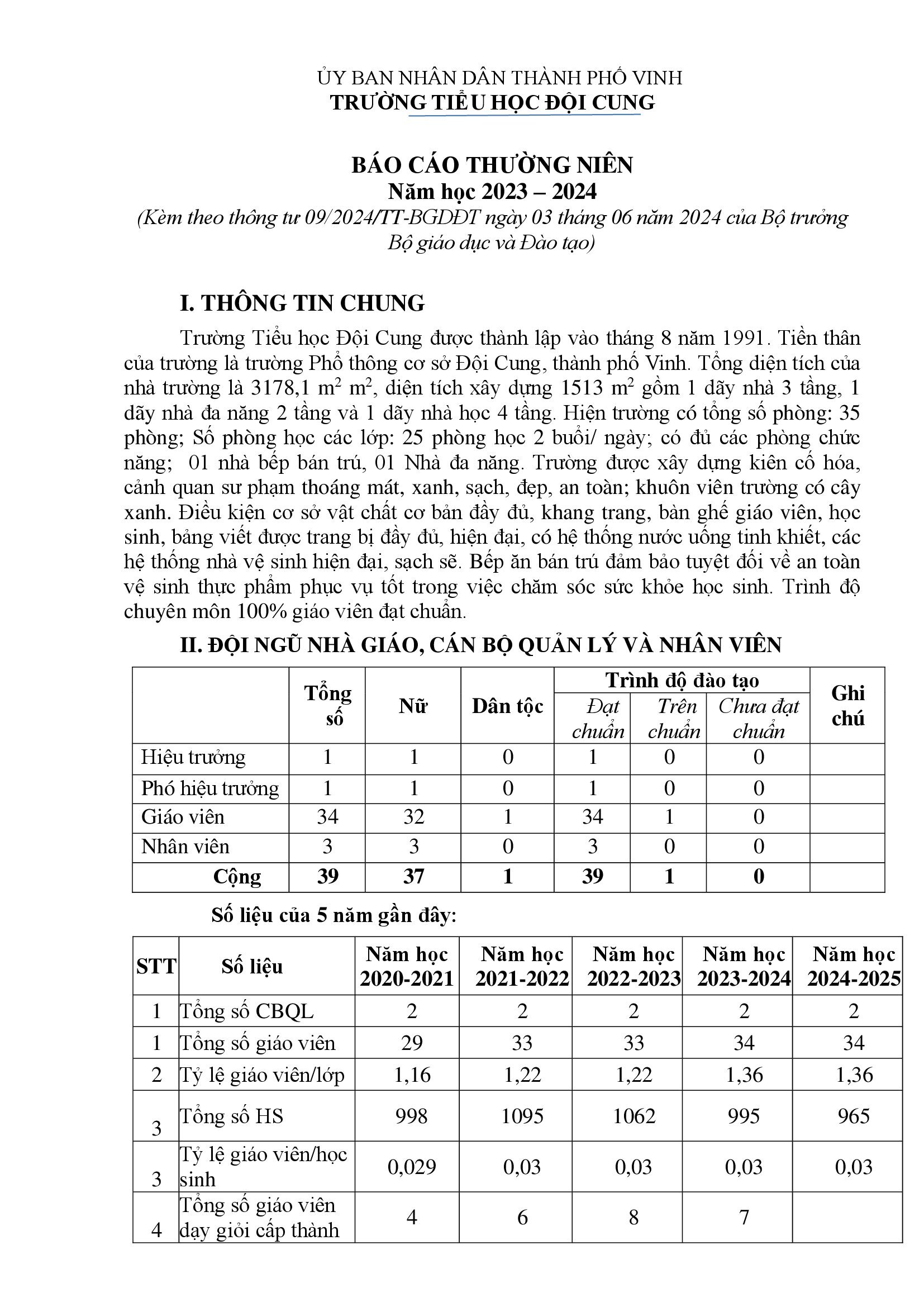 BÁO CÁO THƯỜNG NIÊN - NĂM HỌC:  2023-2024