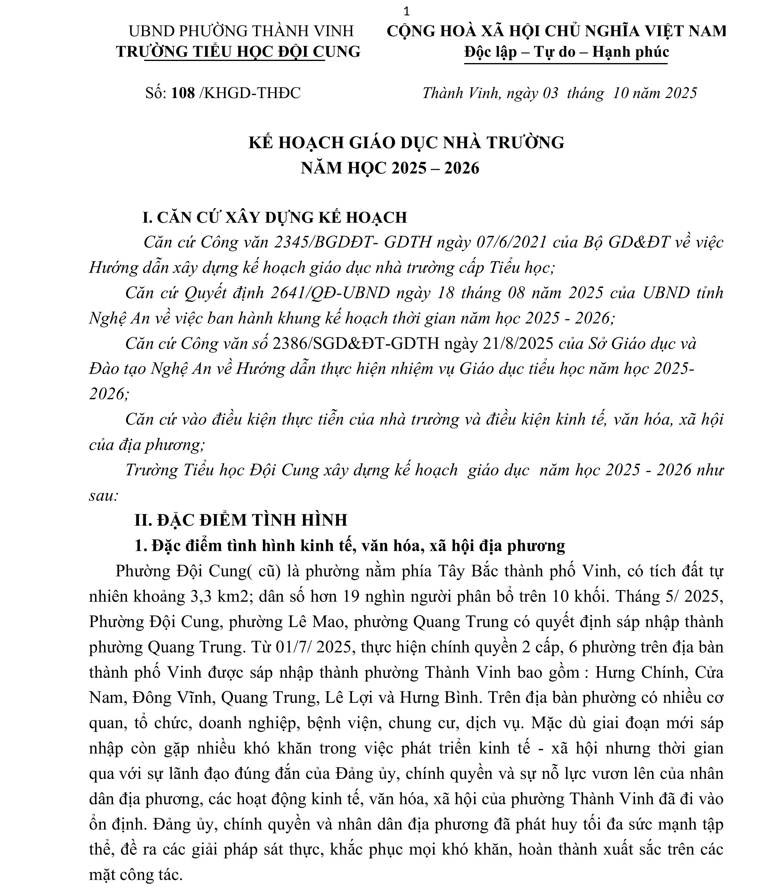 KẾ HOẠCH GIÁO DỤC NHÀ TRƯỜNG NĂM HỌC 2025 - 2026