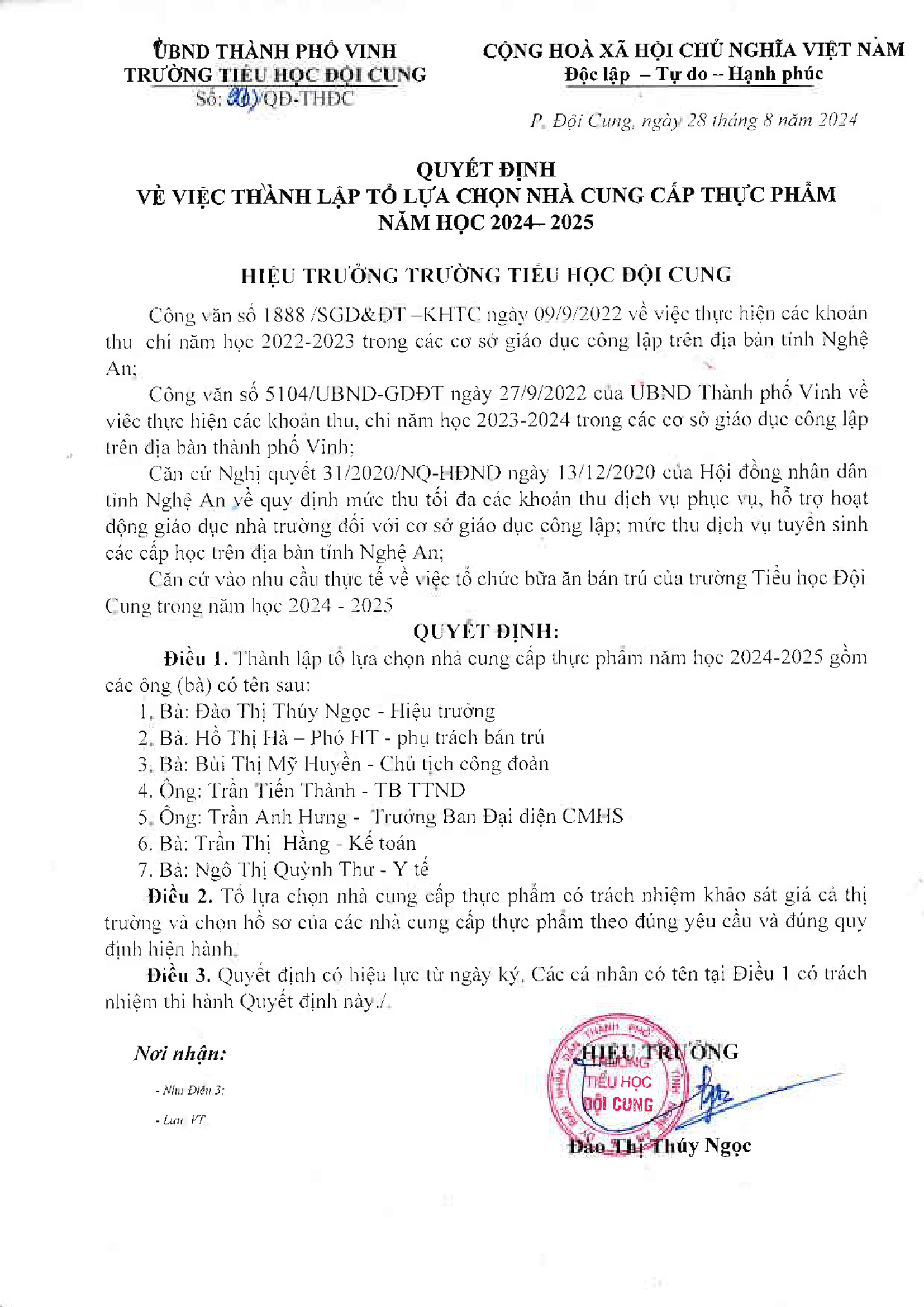 QUYẾT ĐỊNH VỀ VIỆC THÀNH LẬP TỔ LỰA CHỌN NHÀ CUNG CẤP THỰC PHẨM NĂM HỌC 2024 - 2025