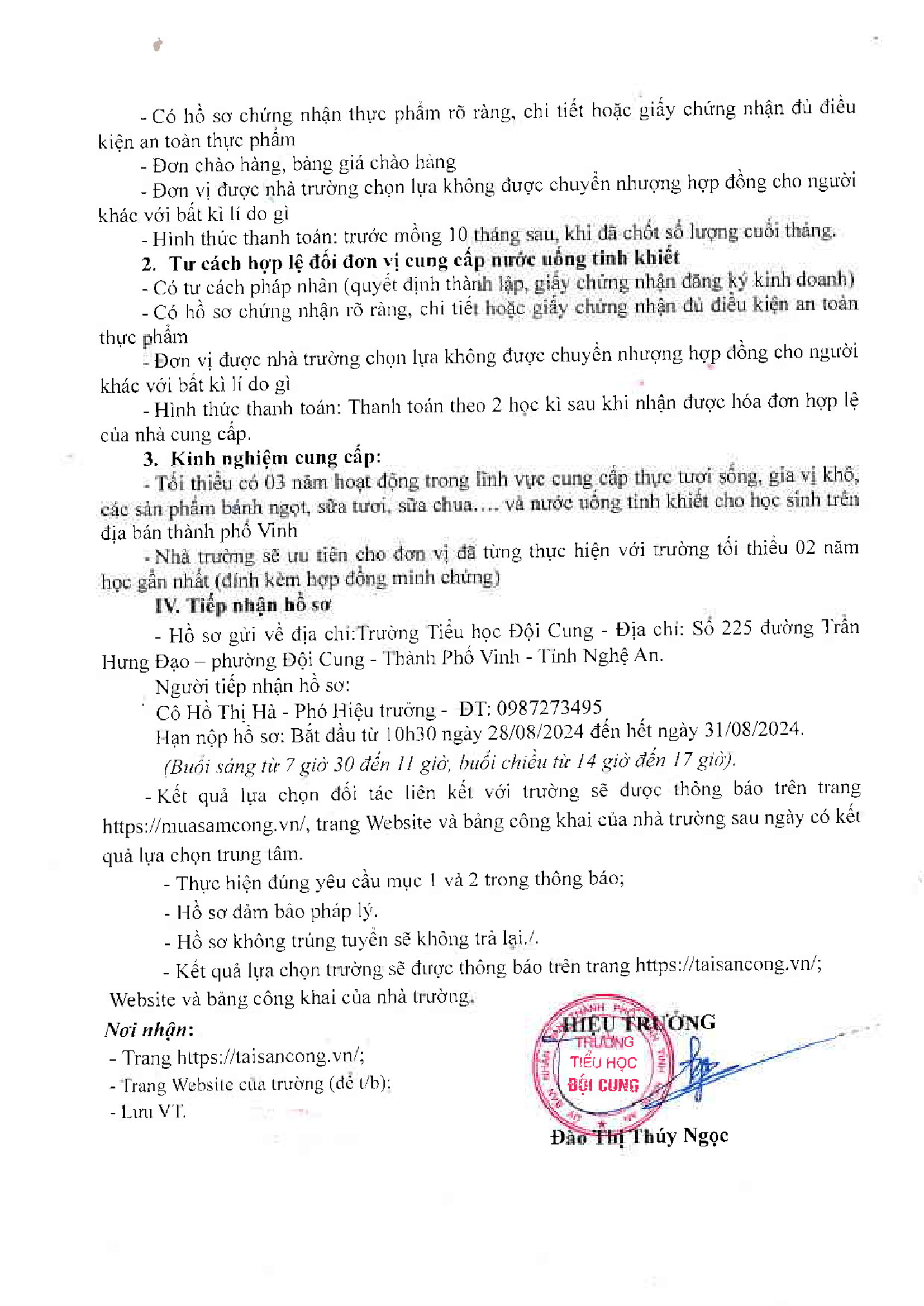 THÔNG BÁO TIÊU CHÍ VỀ VIỆC LỰA CHỌN NHÀ CUNG CẤP THỰC PHẨM NẤU ĂN BÁN TRÚ VÀ NƯỚC UỐNG TINH KHIẾT CHO HỌC SINH TẠI TRƯỜNG TIỂU HỌC ĐỘI CUNG NĂM HỌC 2024 - 2025