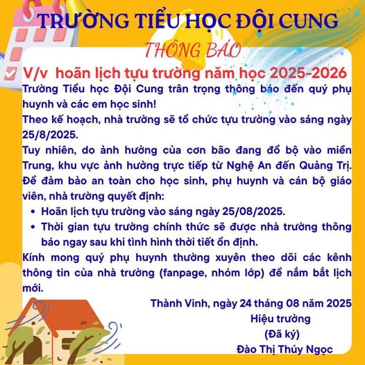 TRƯỜNG TIỂU HỌC ĐỘI CUNG THÔNG BÁO HOÃN LỊCH TỰU TRƯỜNG