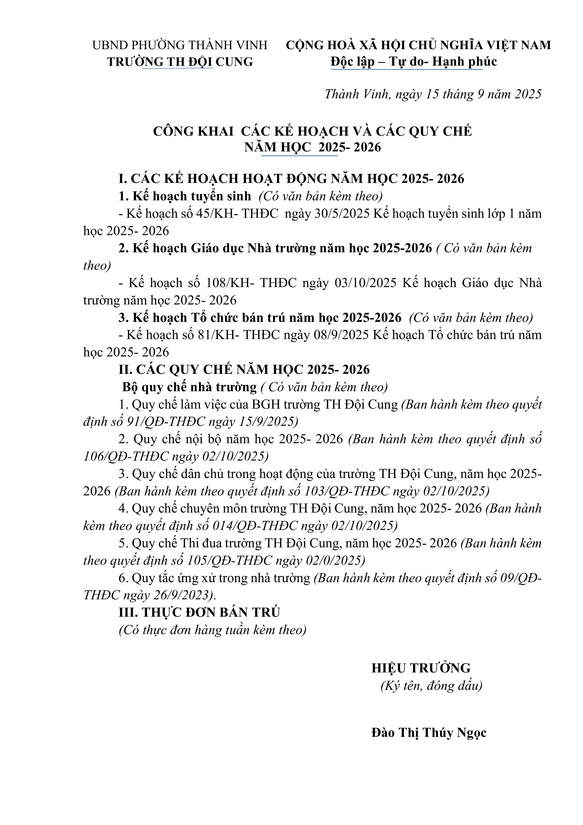 CÔNG KHAI  CÁC KẾ HOẠCH VÀ CÁC QUY CHẾ NĂM HỌC  2025- 2026