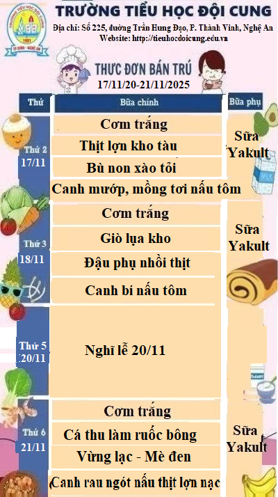 THỰC ĐƠN TUẦN 11 THỰC HIỆN TỪ NGÀY 17/11/2025-21/11/2025