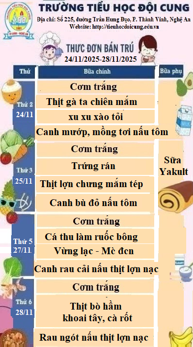 THỰC ĐƠN TUẦN 12 THỰC HIỆN TỪ NGÀY 24/11/2025-28/11/2025
