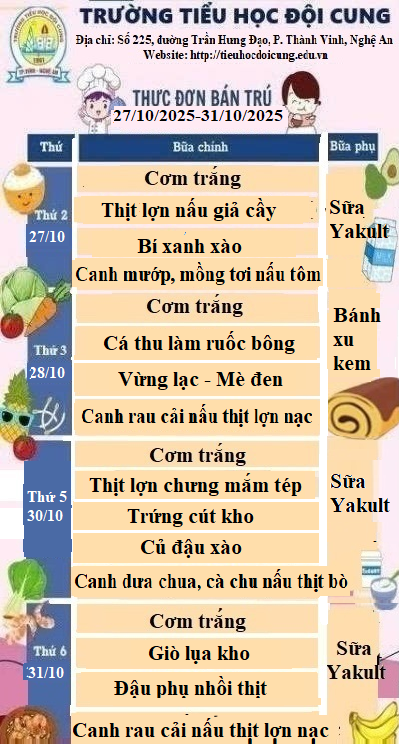 THỰC ĐƠN TUẦN 8 THỰC HIỆN TỪ 27/10/2025 ĐẾN 31/10/2025