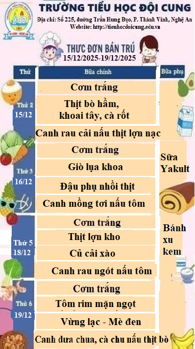 THỰC ĐƠN TUẦN 15 THỰC HIỆN TỪ NGÀY 15/12/2025-19/12/2025