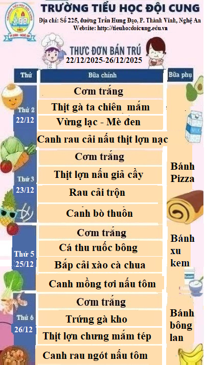 THỰC ĐƠN TUẦN 16 THỰC HIỆN TỪ NGÀY 22/12/2025 ĐẾN 26/12/2025
