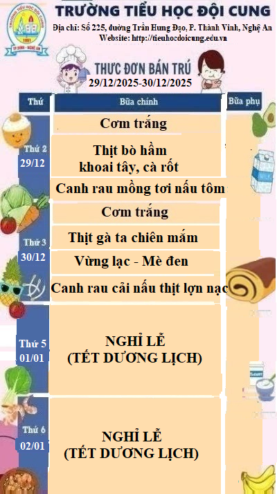 THỰC ĐƠN TUẦN 17 THỰC HIỆN TỪ NGÀY 29/12/2025 ĐẾN 30/12/2025