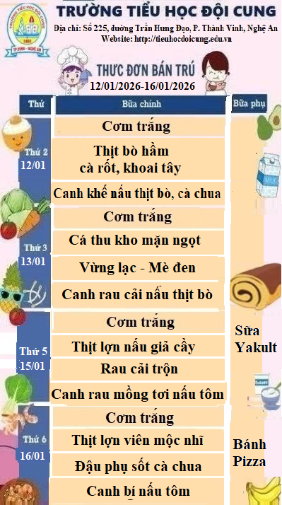 THỰC ĐƠN TUẦN 19 THỰC HIỆN TỪ NGÀY 12/01/2026 ĐẾN 16/01/2026
