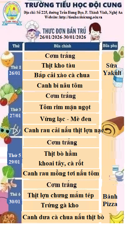 THỰC ĐƠN TUẦN 21 THỰC HIỆN TỪ NGÀY 26/01/2026 ĐẾN 30/01/2026