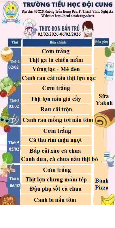 THỰC ĐƠN TUÀN 22 THỰC HIỆN TỪ NGÀY 02/02/2026-06/02/2026