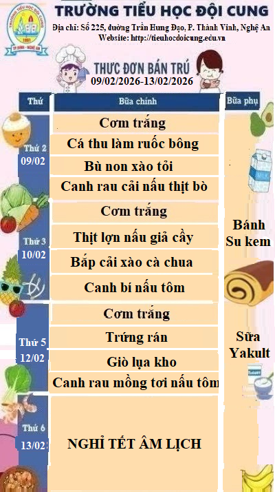 THỰC ĐƠN TUẦN 23 THỰC HIỆN TỪ NGÀY 09/02/2026 ĐẾN 13/02/2026