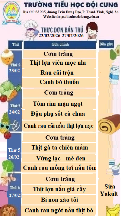 THỰC ĐƠN TUẦN 25 ĐƯỢC THỰC HIỆN TỪ NGÀY 23/02/2026-27/02/2026