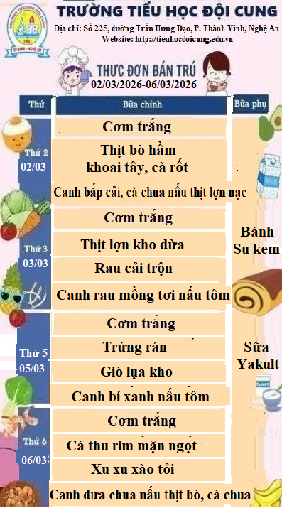 THỰC ĐƠN TUẦN 26 ĐƯỢC THỰC HIỆN TỪ NGÀY 02/03/2026-06/03/2026