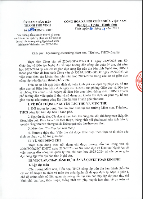 VỀ VIỆC HƯỚNG DẪN QUẢN LÝ THU VÀ SỬ DỤNG CÁC KHOẢN DỊCH VỤ PHỤC VỤ, HỖ TRỢ GIÁO DỤC TẠI CÁC TRƯỜNG CÔNG LẬP TRÊN ĐỊA BÀN THÀNH PHỐ VINH NĂM HỌC 2023 - 2024